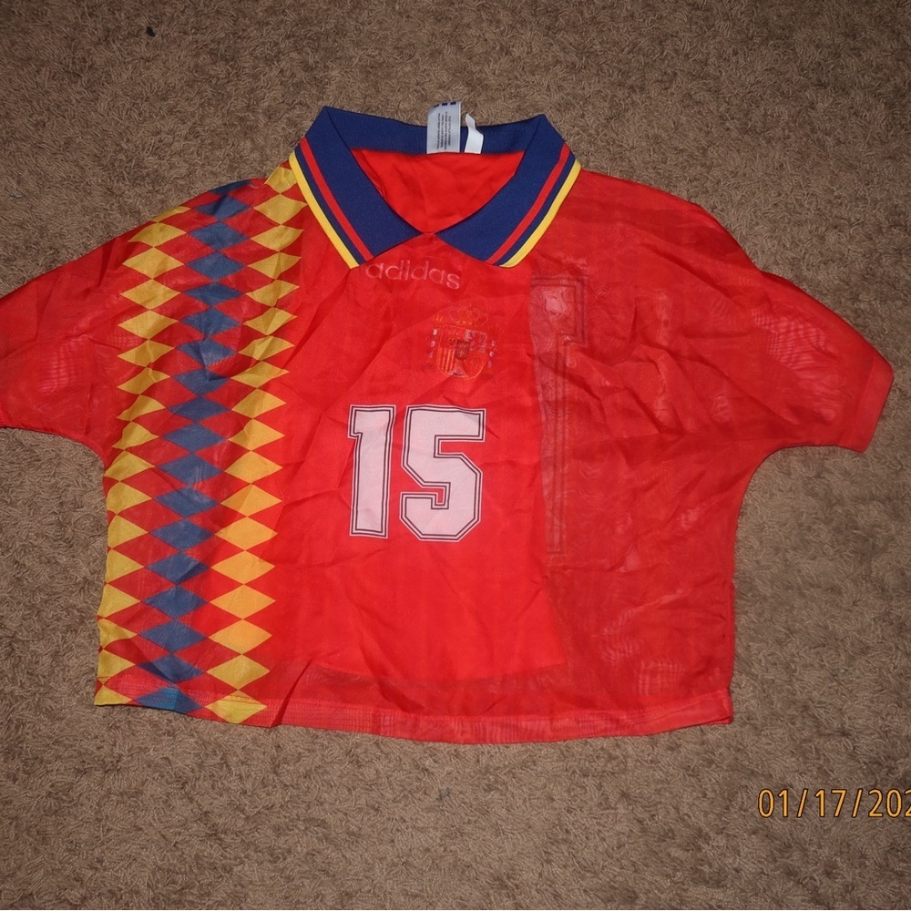 Adidas Spain Red Blue Polo Collar Jersey Tee XS Sporty Athleisure - Picture 1 of 5